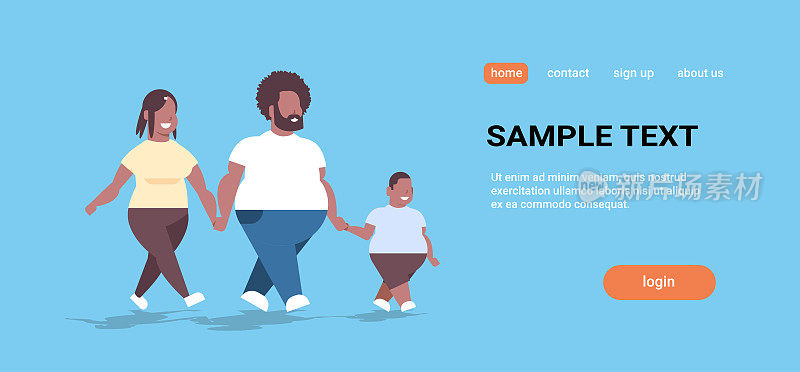 over size family walking together african american overweight father mother and son having fun holding hands unhealthy lifestyle obesity concept full length copy space horizontal